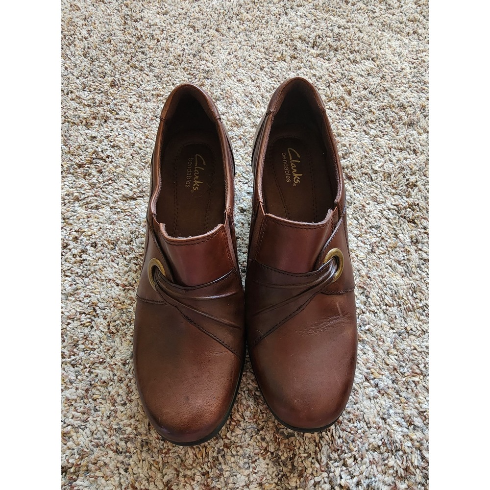 Clarks Wish Trance Brown Leather Slip On Shootie Loafers Heels 7W NWOT 38479
